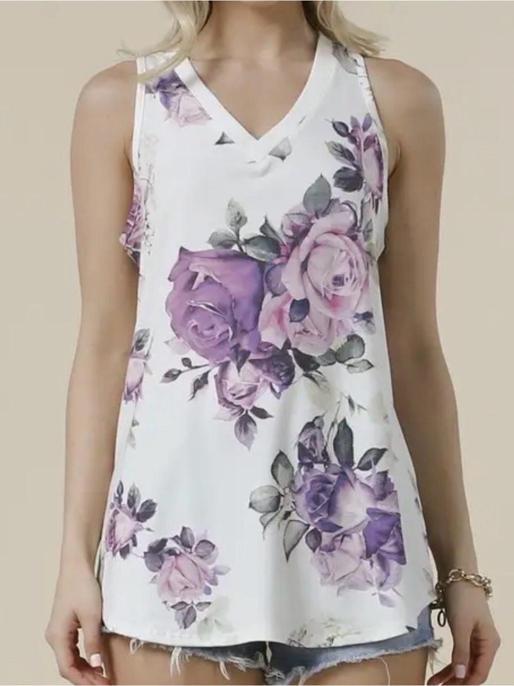 Avery White Floral V-Neck Tank with Purple and Pink Roses